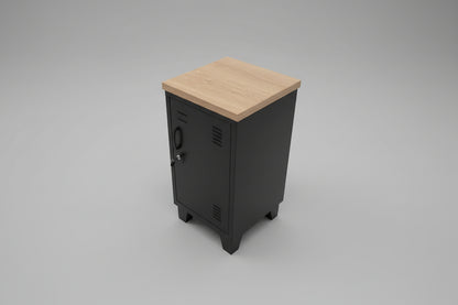 Black right opening mini locker with oak wood top in neutral background 