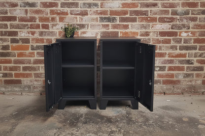 2 black mini lockers open, showing adjustable shelves 