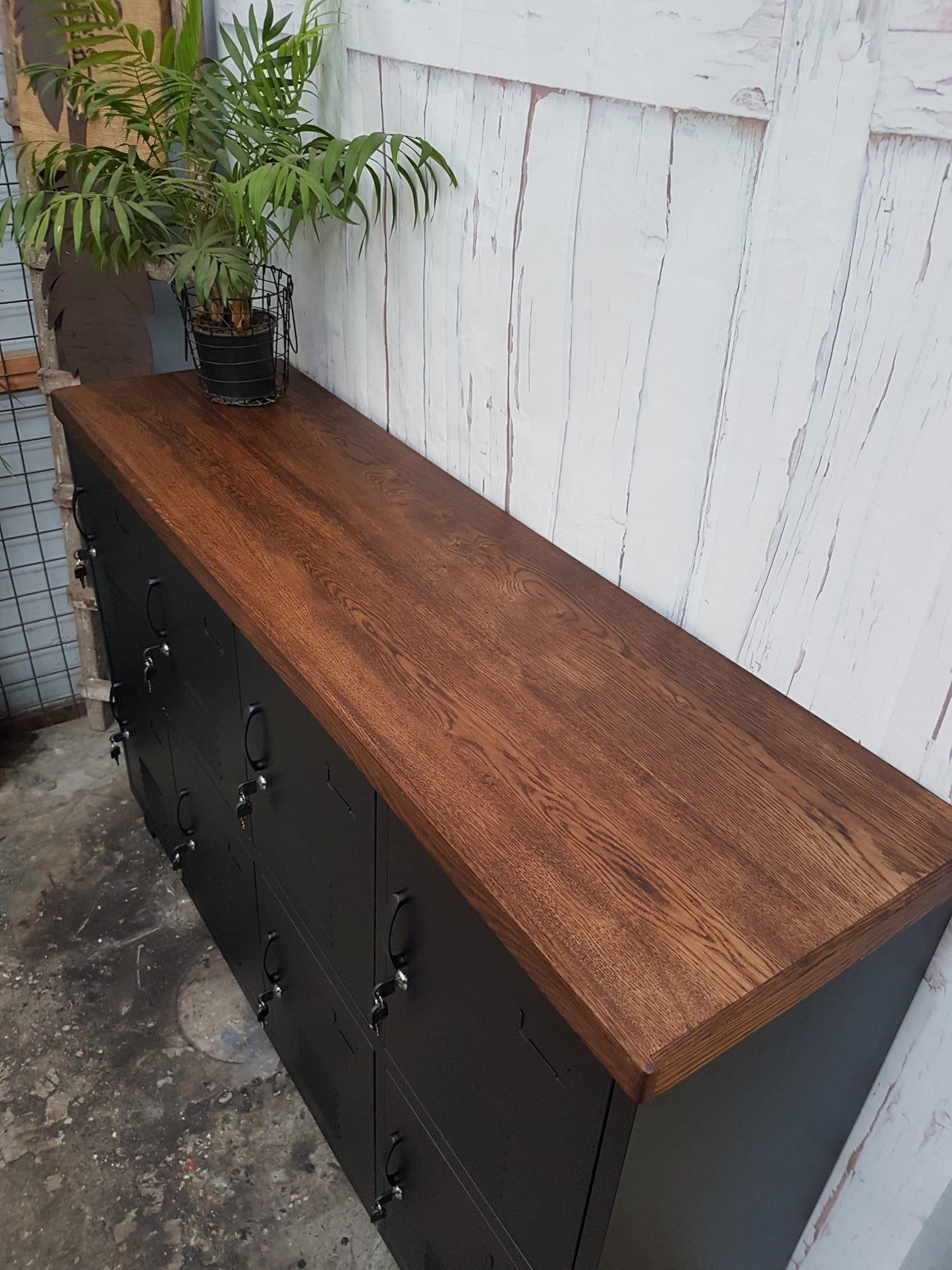 Dark stained Oak top on industrial metal locker staff locker