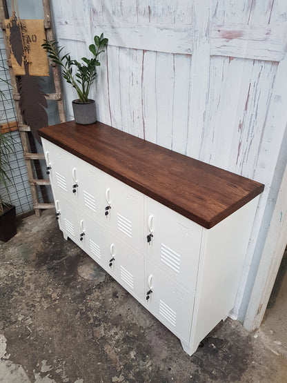 Dark oak top on White 8 door metal locker cabinet