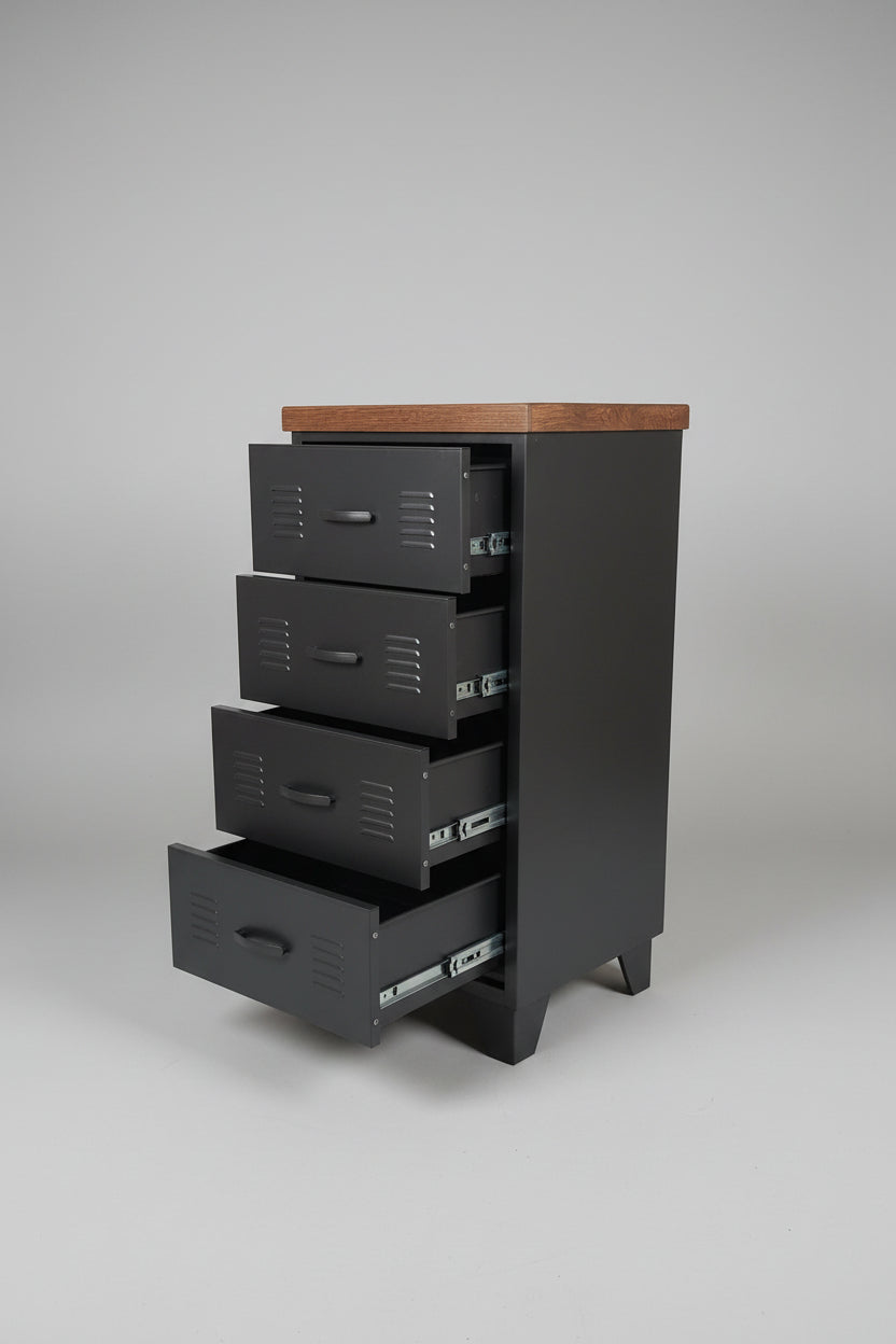 Durable metal 4 drawer cabinet with Dark Oak top, with drawers open