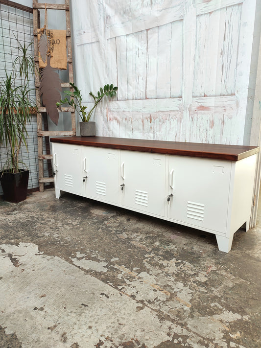 White Entertainment console Dark Rimu top