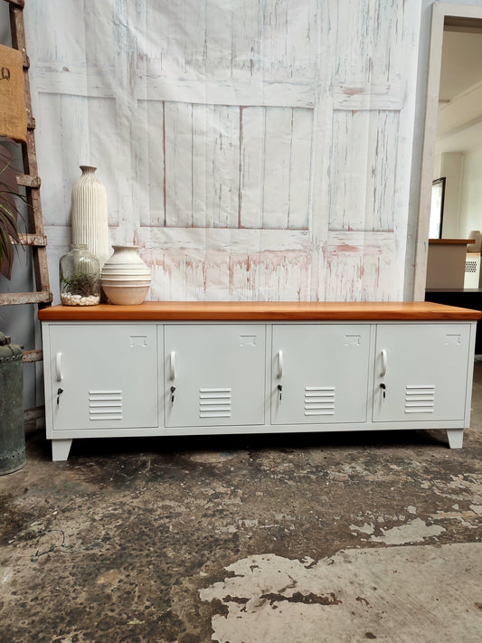 White Entertainment console Rimu top