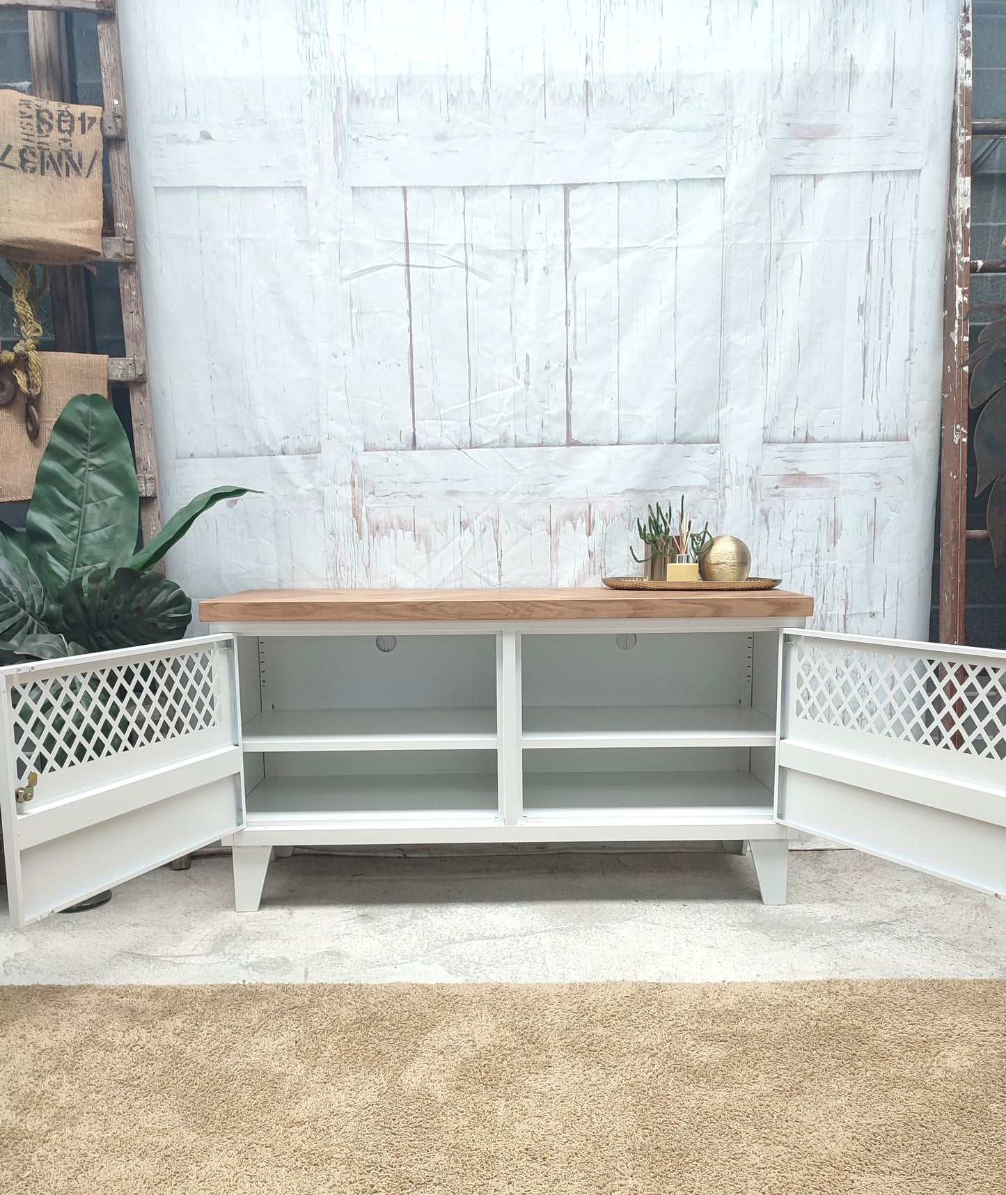 White TV Cabinet Herringbone Oak Top