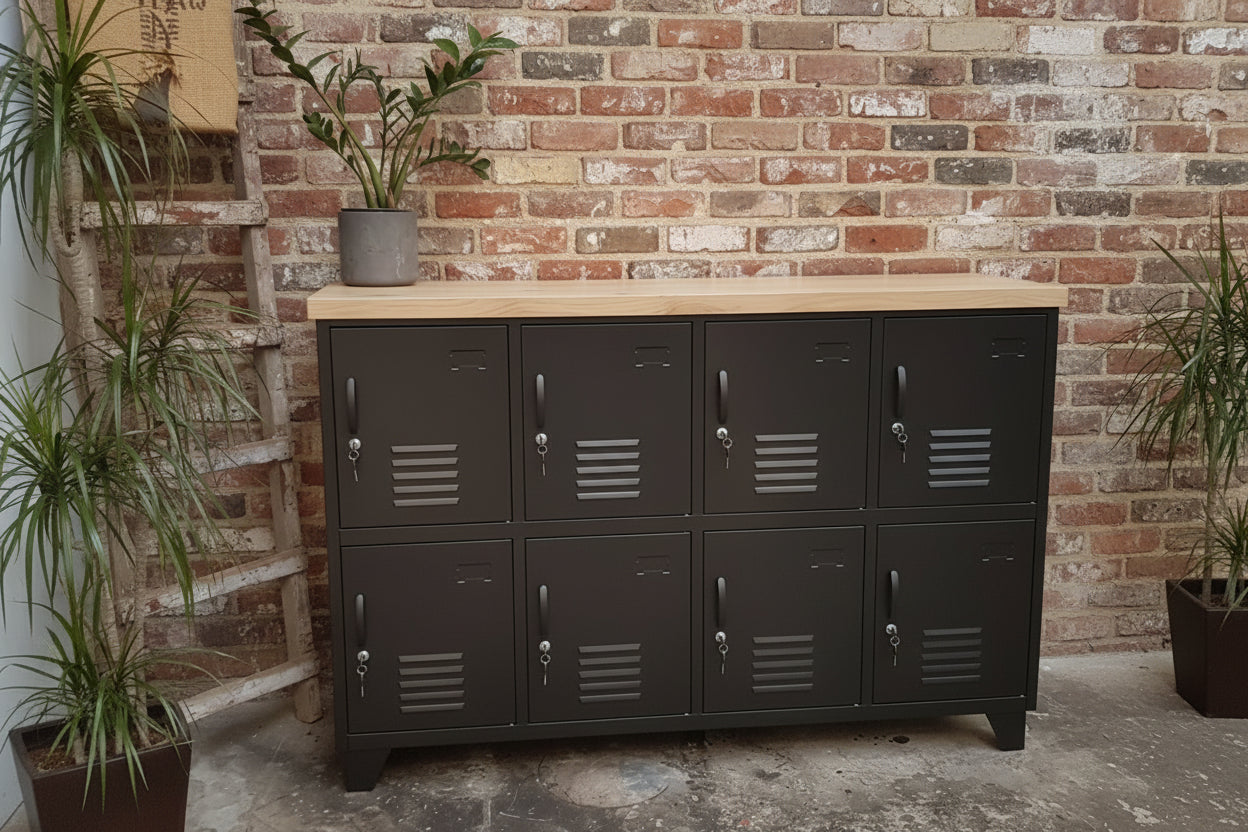 Industrial Black metal 8-Door locker cabinet with Oak top