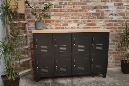 Industrial Black metal 8-Door locker cabinet with Oak top