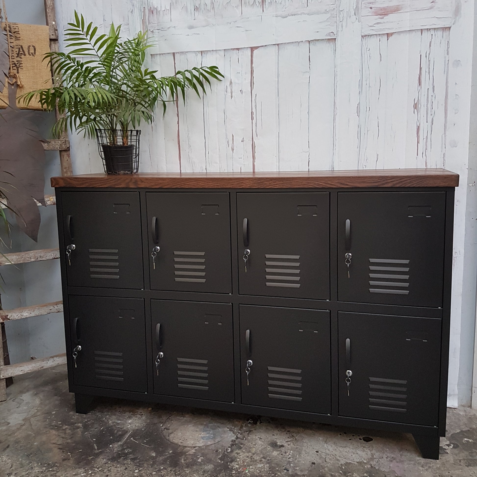 Industrial Black metal 8-Door locker cabinet with dark Oak top