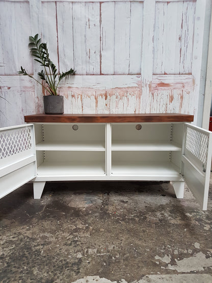 Industrial TV cabinet with dark stained recycled Rimu top with doors open to show adjustable shelves and cable holes