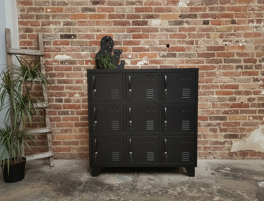Industrial metal 9-door locker cabinet in black