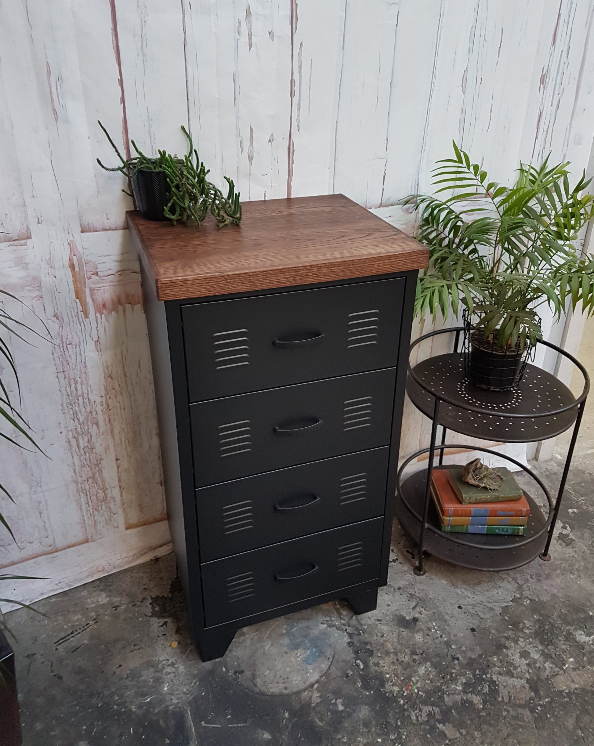 Industrial metal four drawer tallboy with Dark Oak top