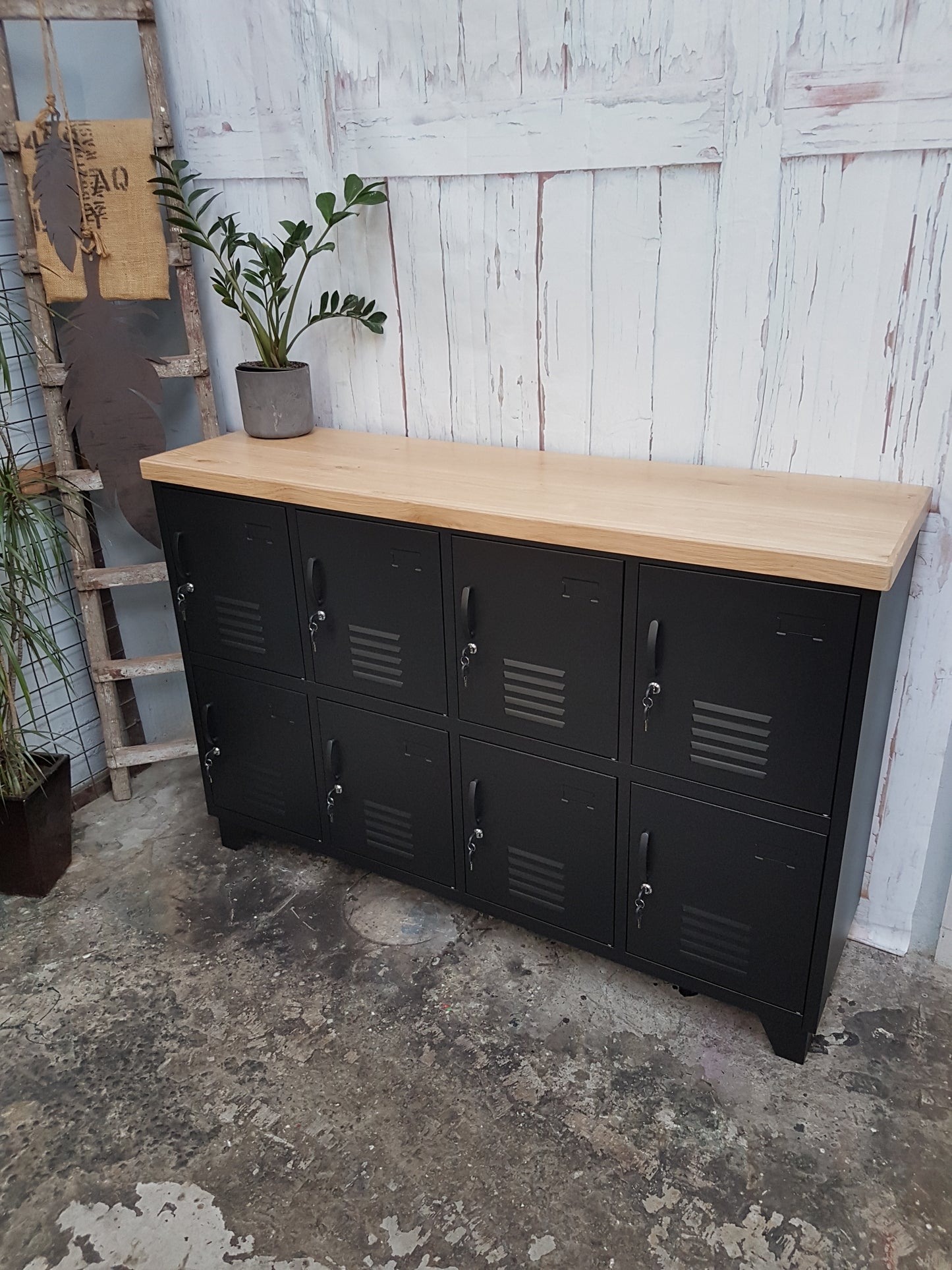 Industrial metal sideboard locker as staff locker with Oak top