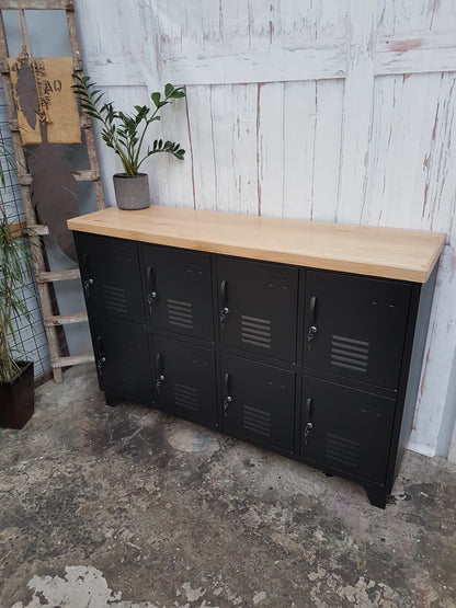Industrial metal sideboard locker as staff locker with Oak top