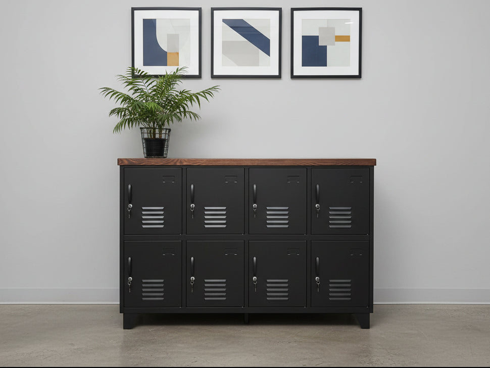 Industrial metal sideboard locker as staff locker with dark Oak top