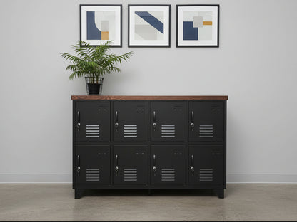Industrial metal sideboard locker as staff locker with dark Oak top