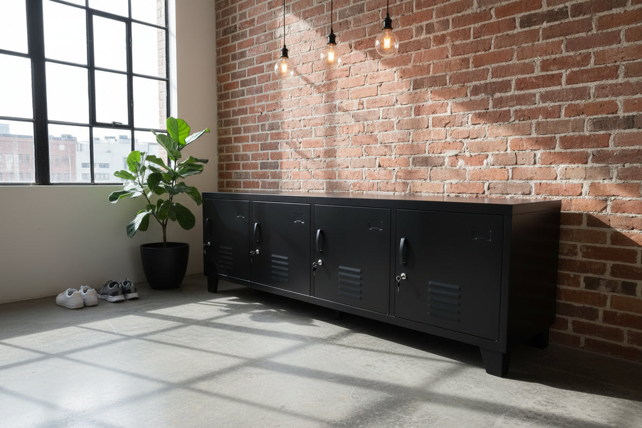 Black metal locker cabinet against a brick wall with a large window in an entranceway to hide the shoes
