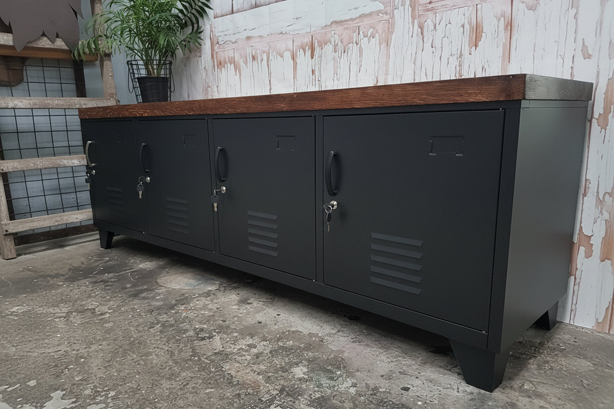 Large Industrial style metal entertainment cabinet with dark oak top