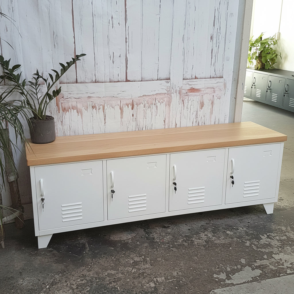 Large White metal industrial TV console with Oak top in rustic room