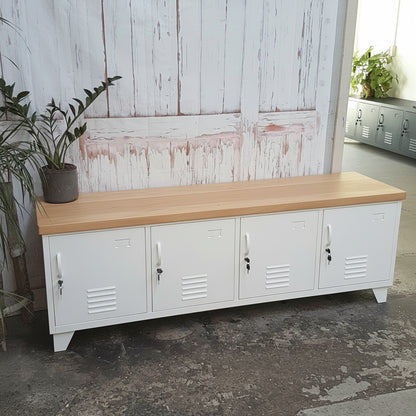 Large White metal industrial TV console with Oak top in rustic room