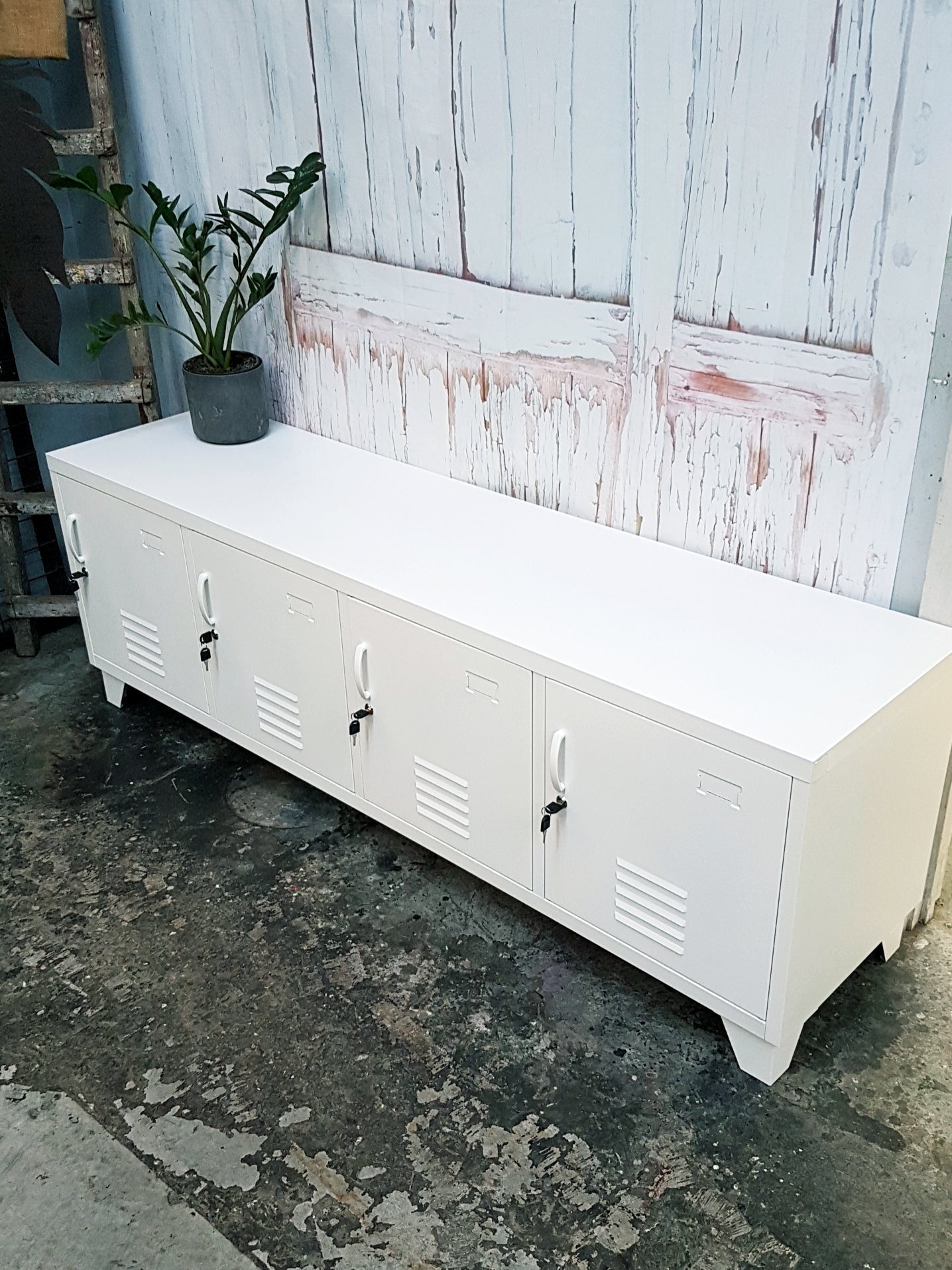 Large industrial White metal storage locker cabinet with smooth white powder coat finish and hidden storage