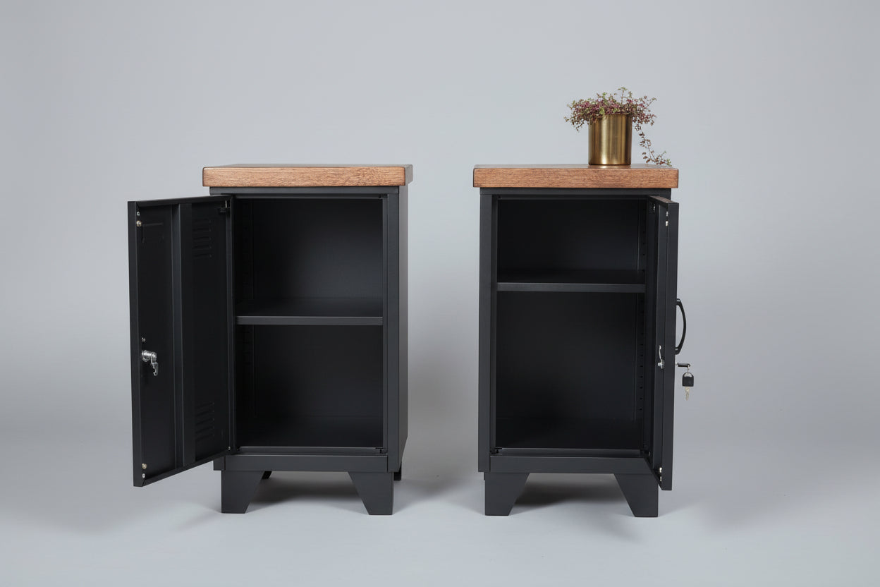 A Pair of Black industrial metal bedside locker cabinets with Dark stained oak tops