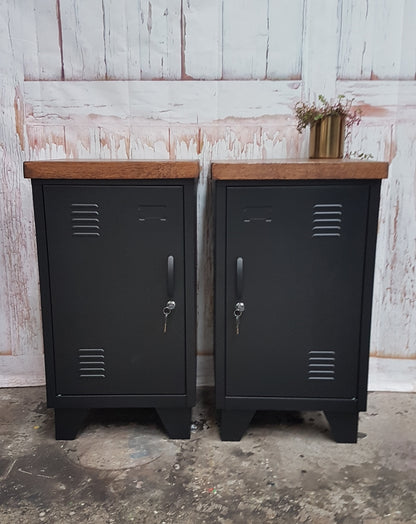 Pair of Black industrial metal bedside locker cabinets with Dark stained oak tops