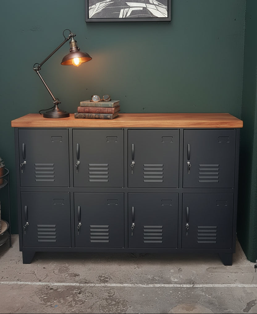 Recycled Rimu top on black metal 8 door metal locker cabinet.