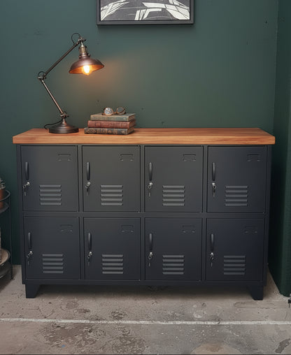 Recycled Rimu top on black metal 8 door metal locker cabinet.