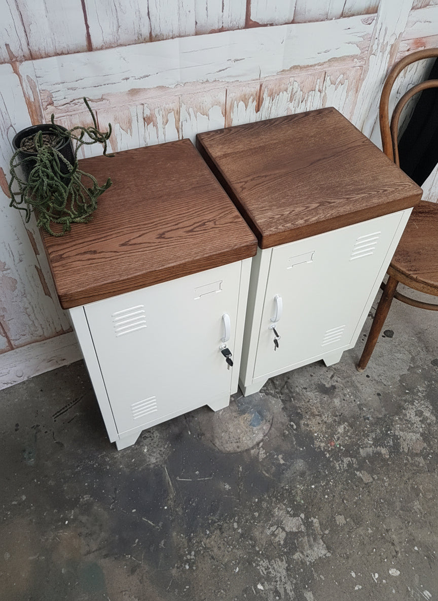Set of beside Mini Metal Locker Cabinet with Dark Oak Top