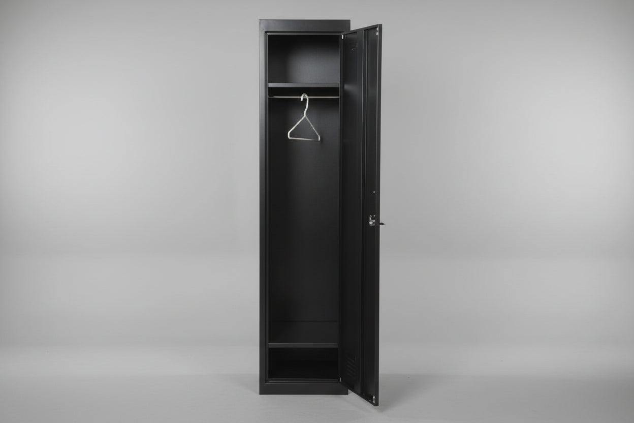 Single Door Metal Locker Cabinet Open door showing rail and 2 adjustable shelves