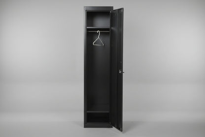 Single Door Metal Locker Cabinet Open door showing rail and 2 adjustable shelves