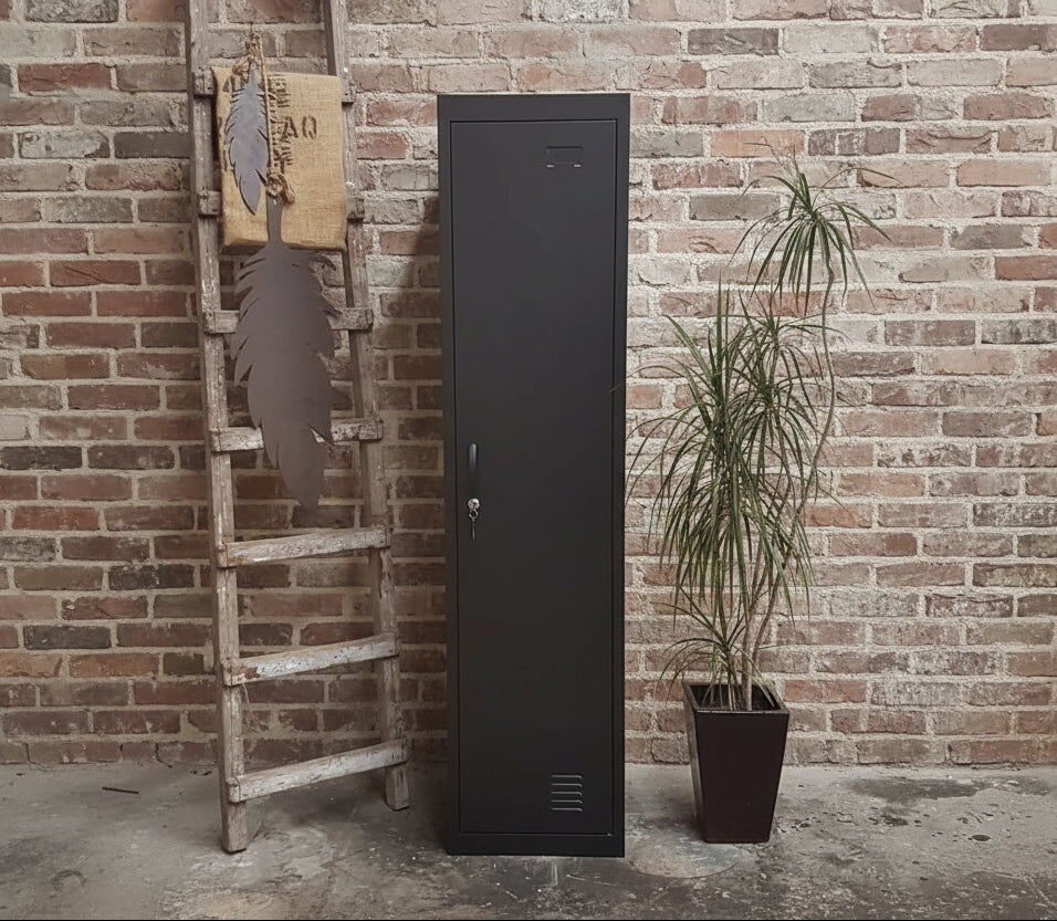 A black single door metal locker standing next to a potted plant with a rustic ladder and wooden wall in the background.