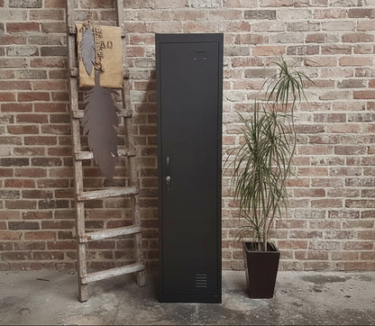 A black single door metal locker standing next to a potted plant with a rustic ladder and wooden wall in the background.
