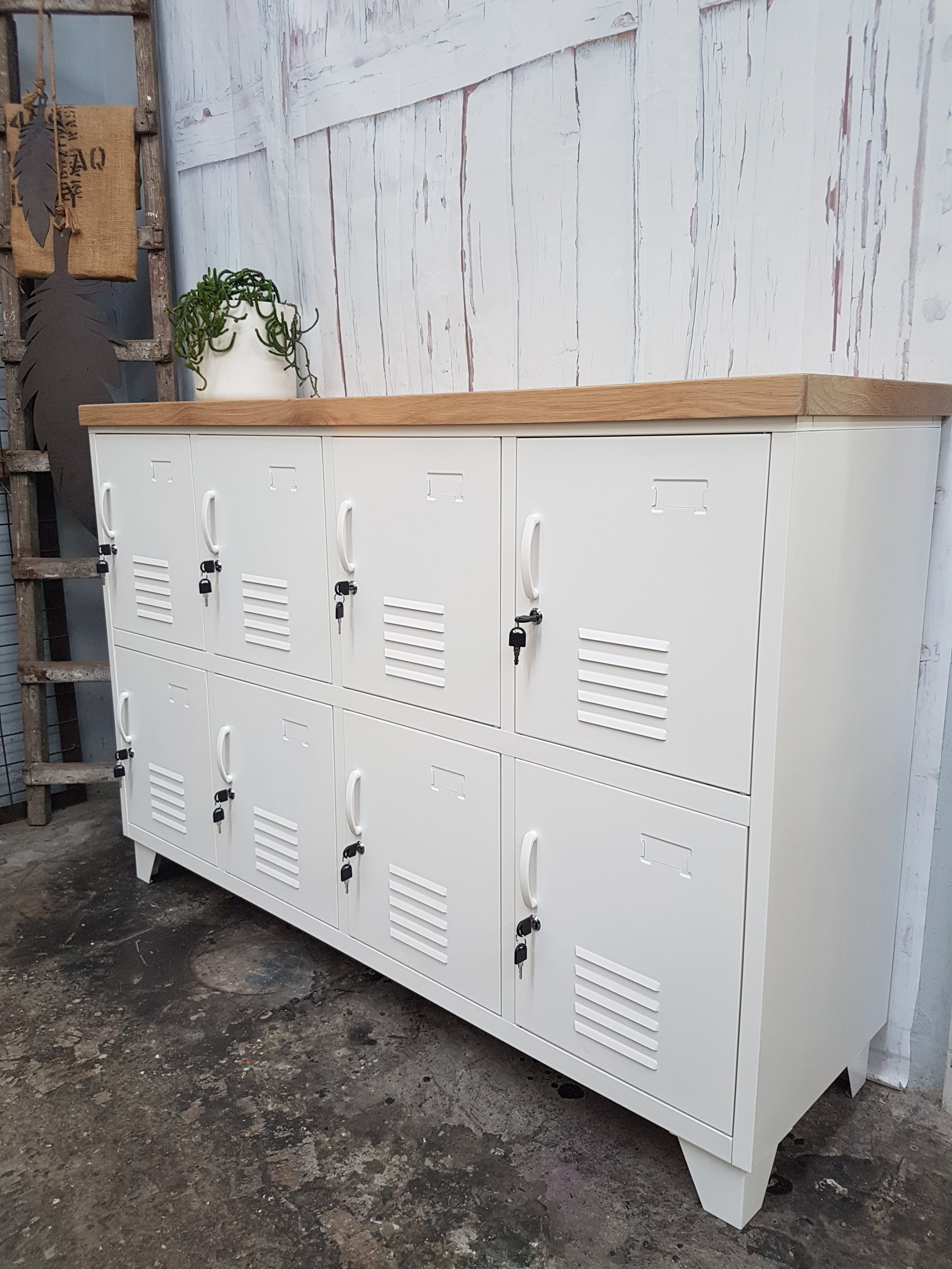 Staff Locker, White 8 Door metal locker cabinet with Oak top