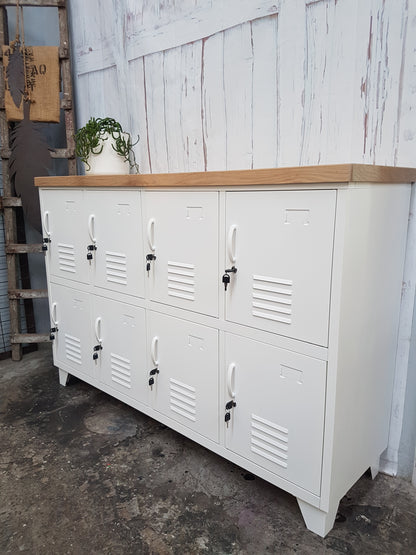 Staff Locker, White 8 Door metal locker cabinet with Oak top