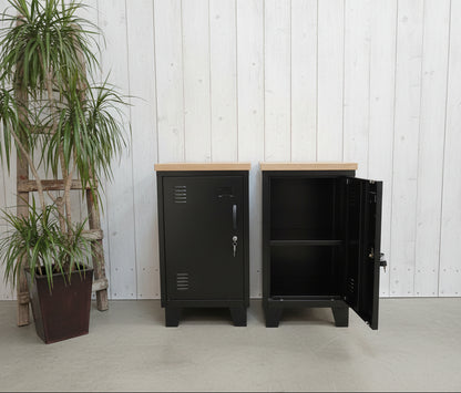 Two black mini lockers with oak tops, one with doors open showing the interior shelf, the other with closed doors.