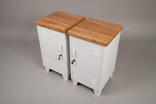 two white metal mini lockers featuring Rimu tops  