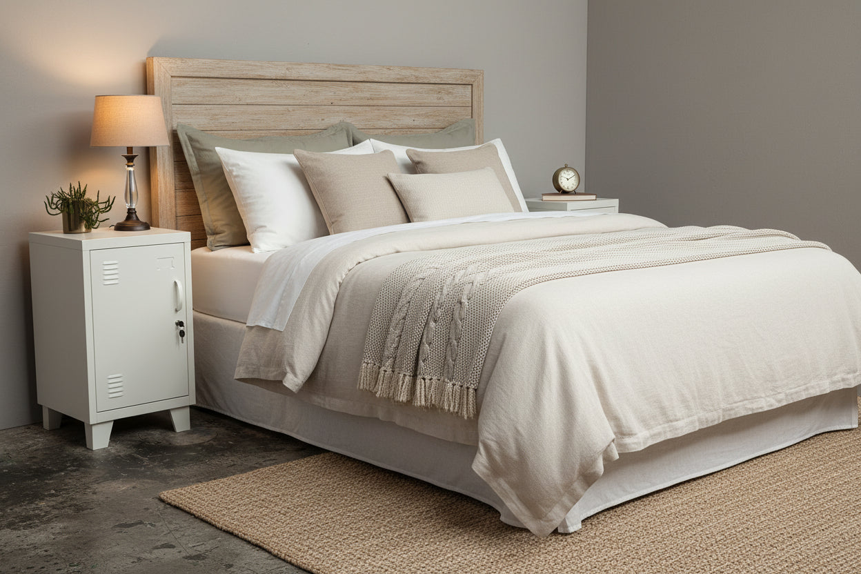 Two small white metal lockers used as bedsides 