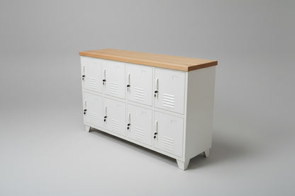 White 8 Door metal locker cabinet with Oak top