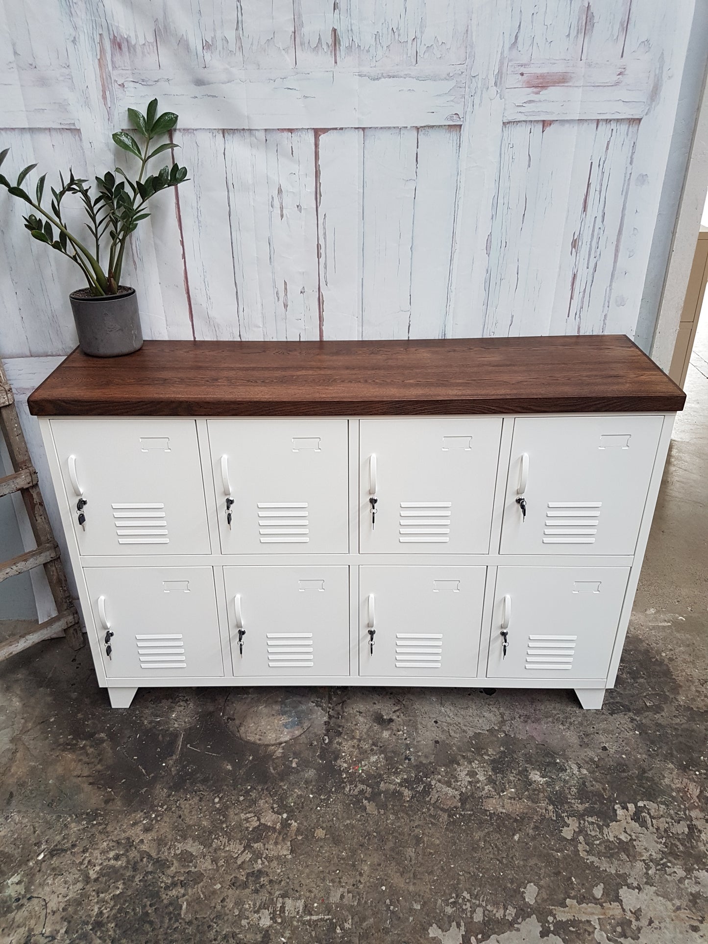 Dark oak top on White 8 door metal locker cabinet- Staff locker NZ