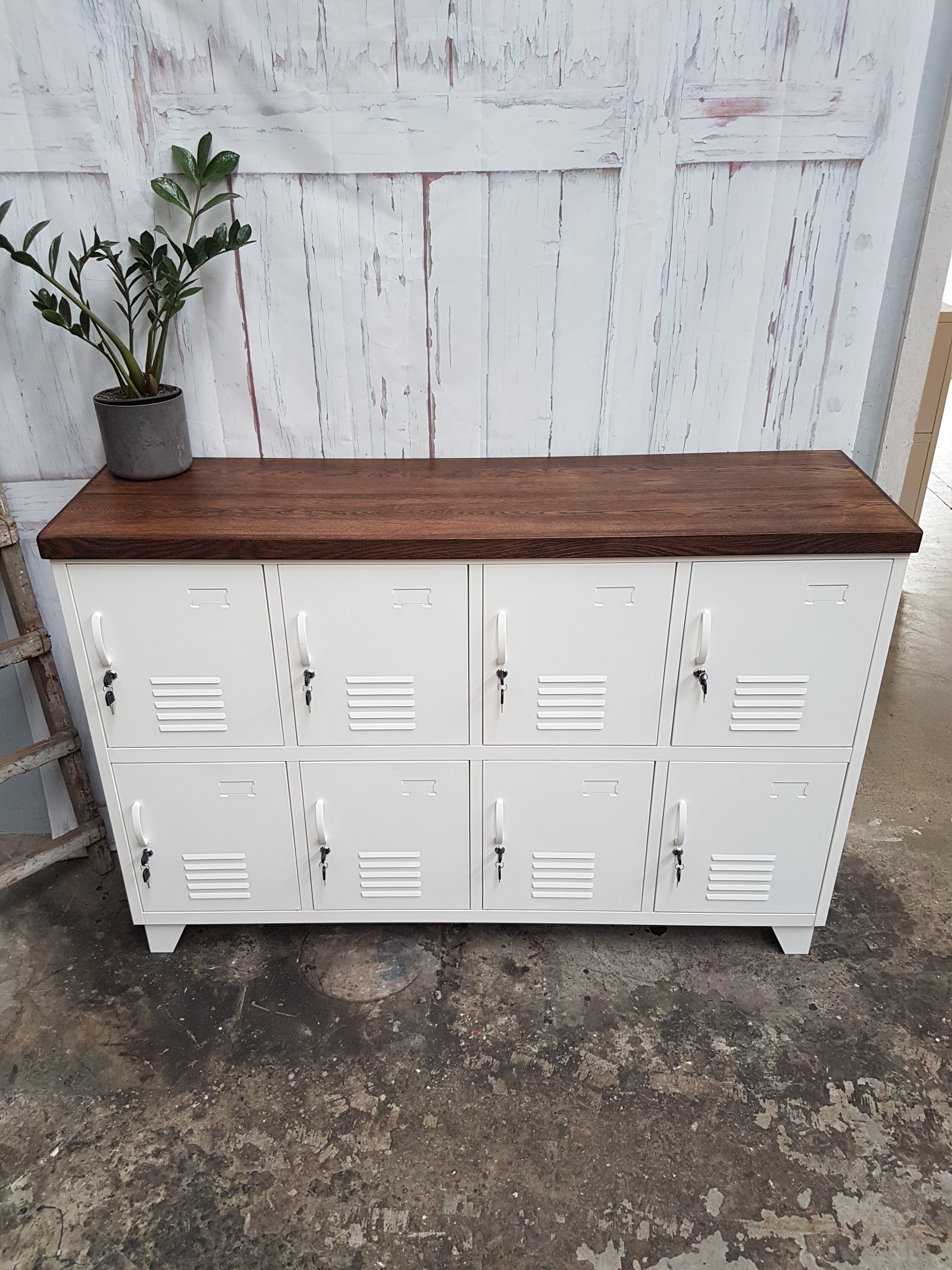 Dark oak top on White 8 door metal locker cabinet- Staff locker NZ
