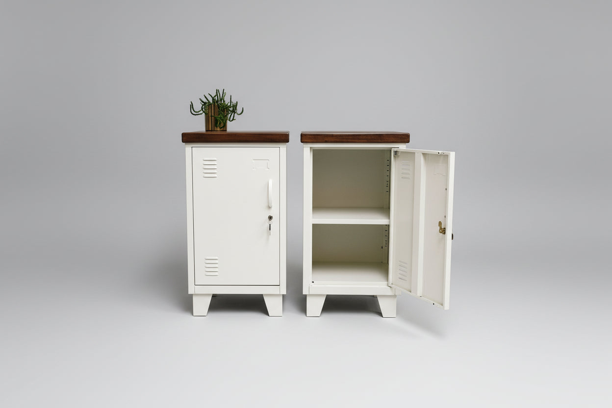 White Bedside Locker Set (Pair) with Dark Rimu Top – Metal Storage NZ