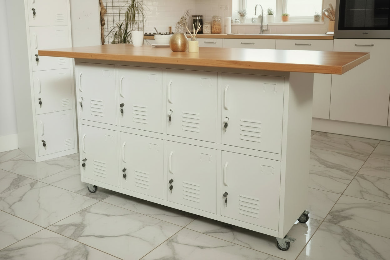 White Kitchen island with 8 Door locker cabinet base and Rimu top in a modern kitchen setting
