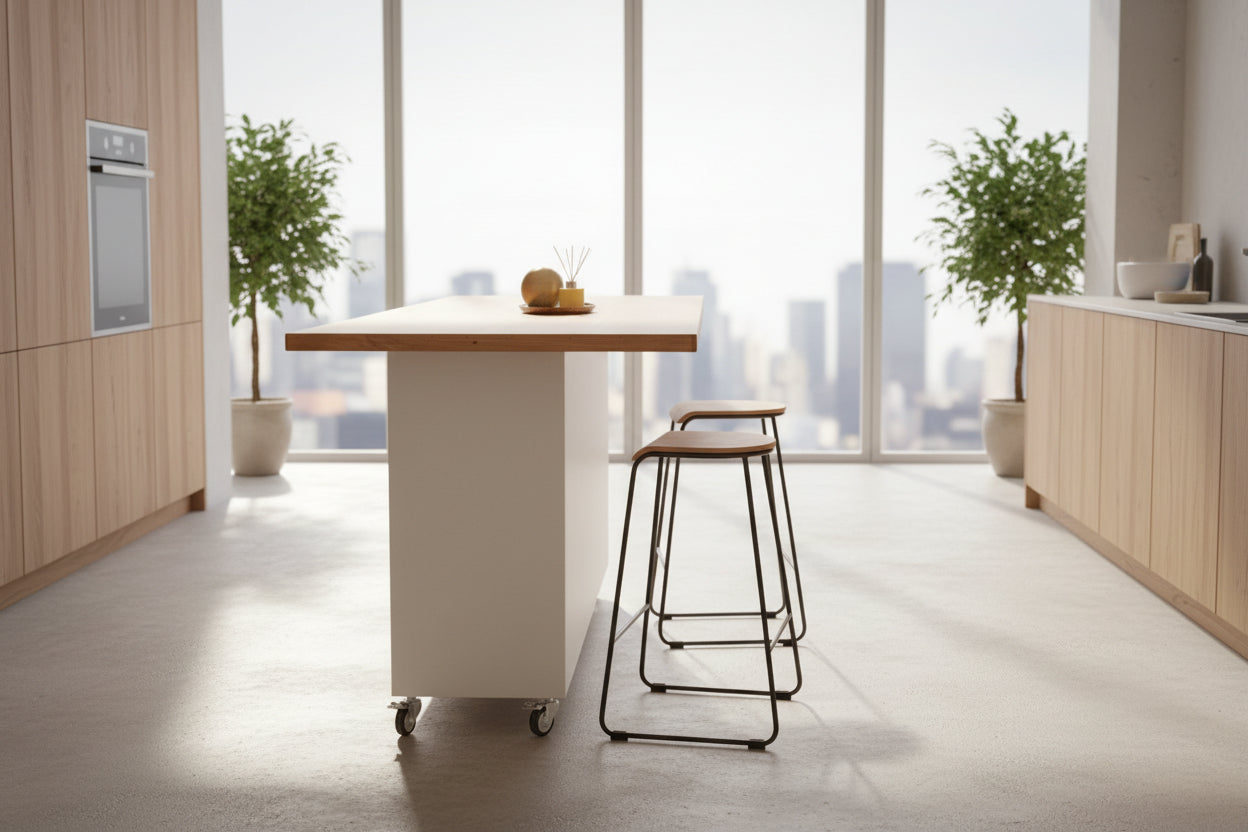 White Kitchen island with metal 8 Door locker cabinet base and Rimu top