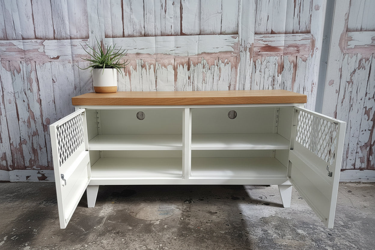 White Metal TV Cabinet with Oak top. Doors open to show adjustable shelves and cable holes