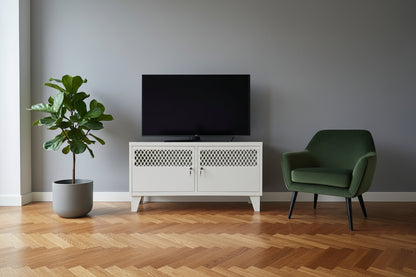 White Metal TV Cabinet - with lockable Lattice doors