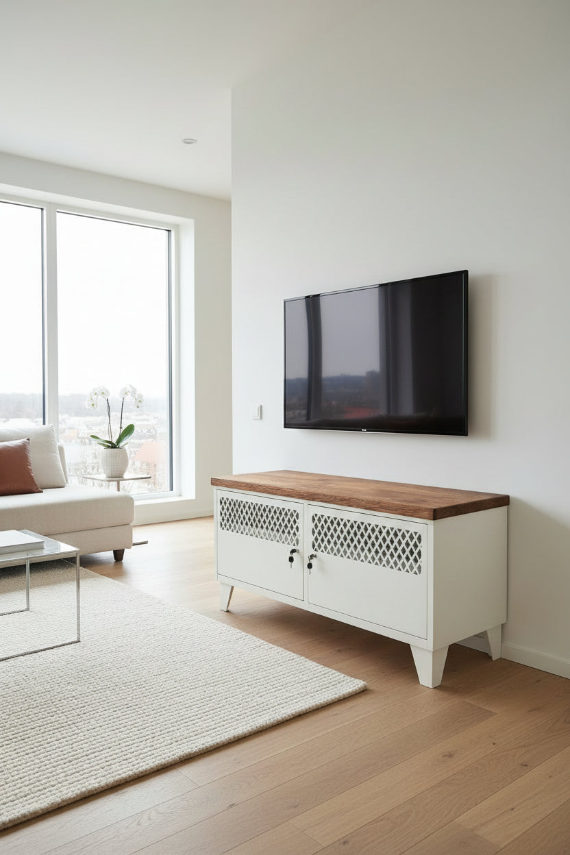 White Metal TV Cabinet - with Dark Oak top. lockable Lattice doors