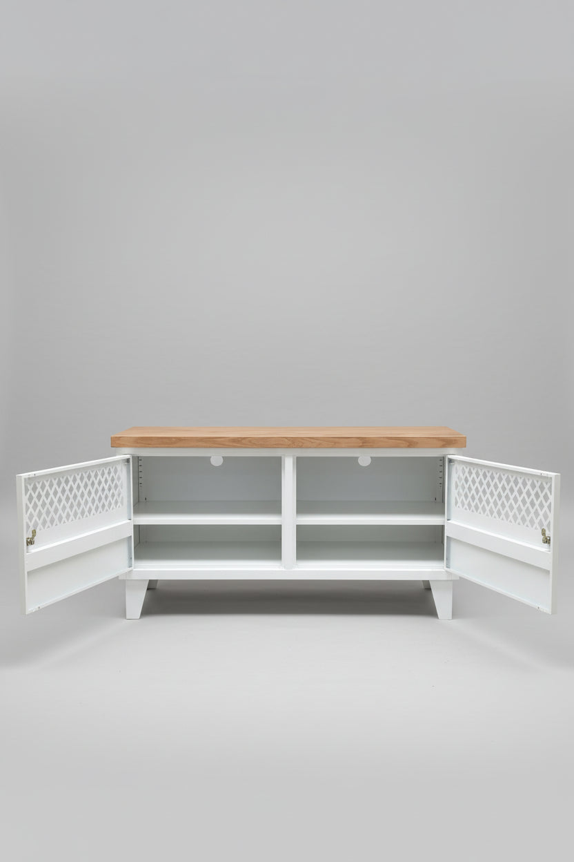 White Metal TV Cabinet with Herringbone Oak top. Doors open to show adjustable shelves and cable holes