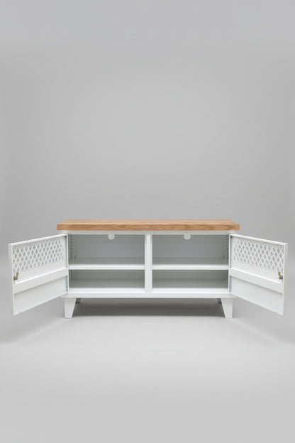 White Metal TV Cabinet with Herringbone Oak top. Doors open to show adjustable shelves and cable holes