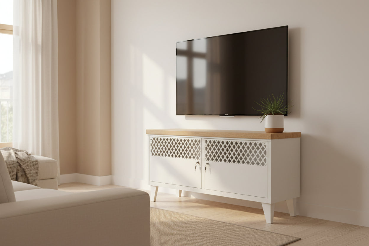 White Metal TV Cabinet with Oak top under wall mounted TV
