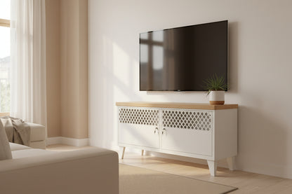 White Metal TV Cabinet with Oak top under wall mounted TV